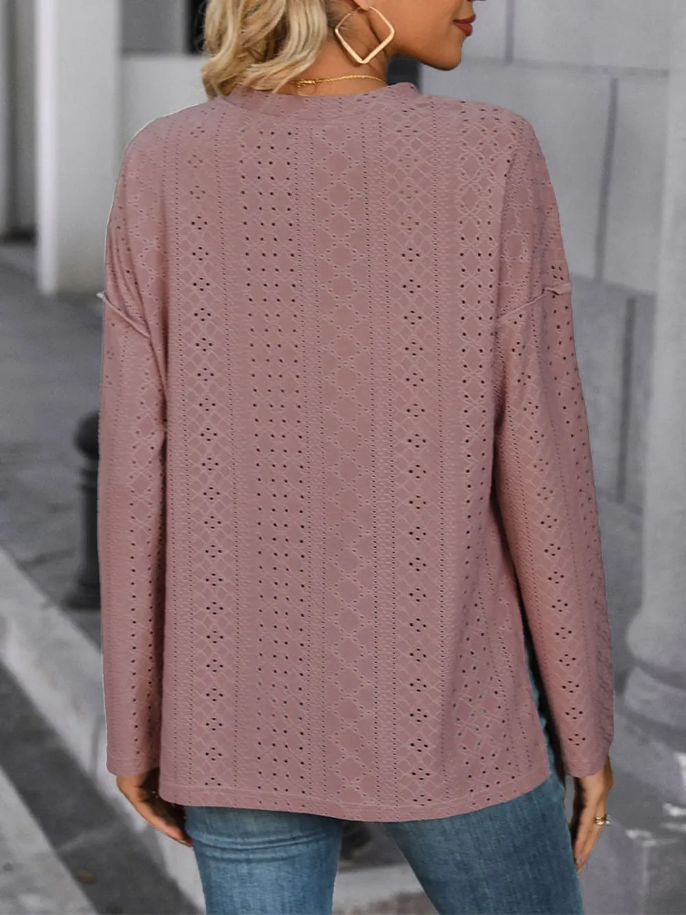 Eyelet Round Neck Long Sleeve Top, image 2