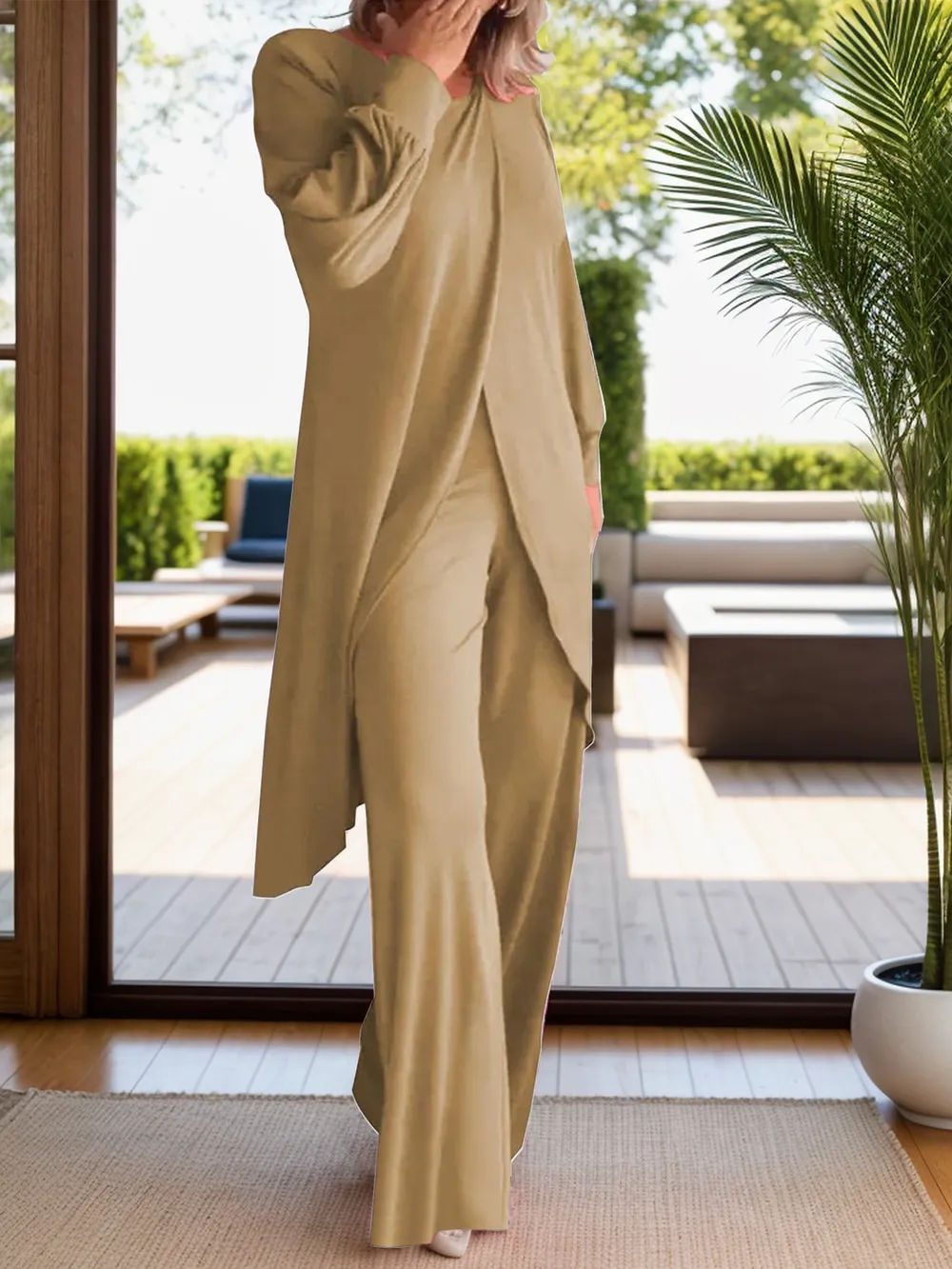Full Size Slit Round Neck Long Sleeve Top and Pants Set, image 24