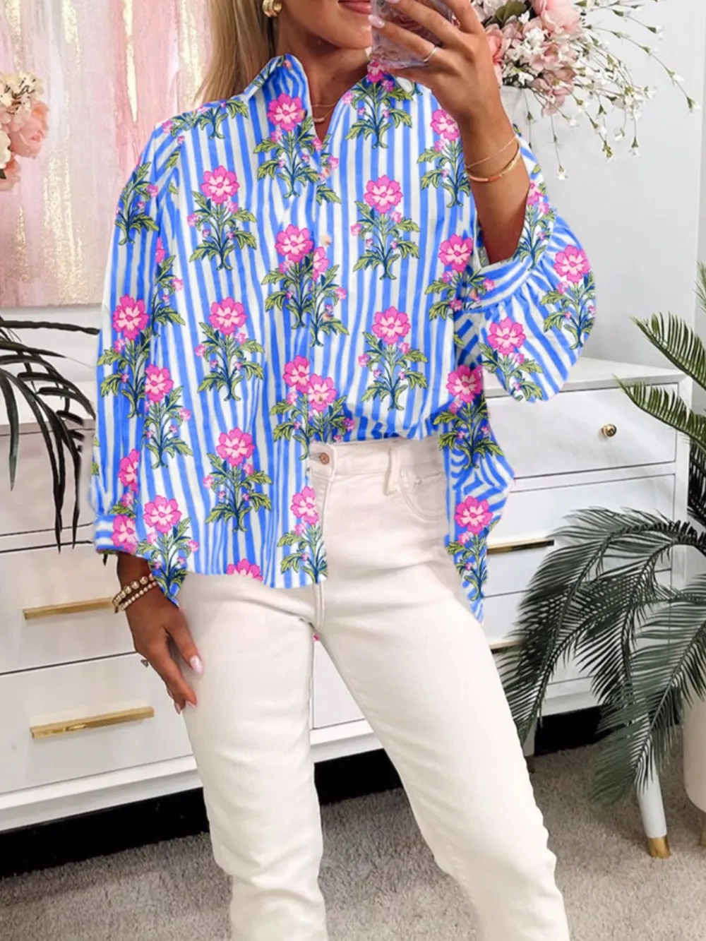 Floral Striped Button-Down Shirt