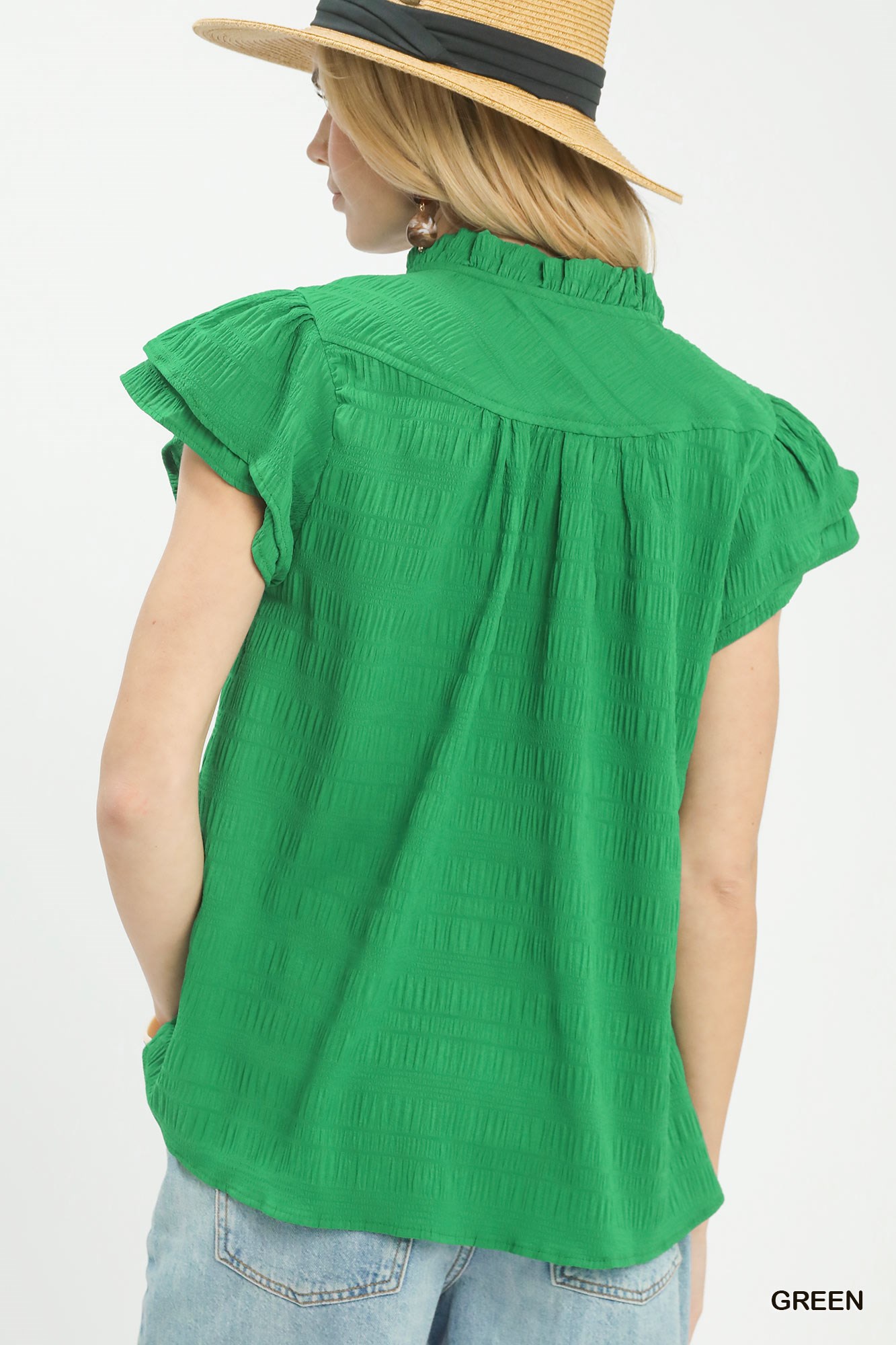 Textured Flutter Sleeve Split Neck Top, image 3