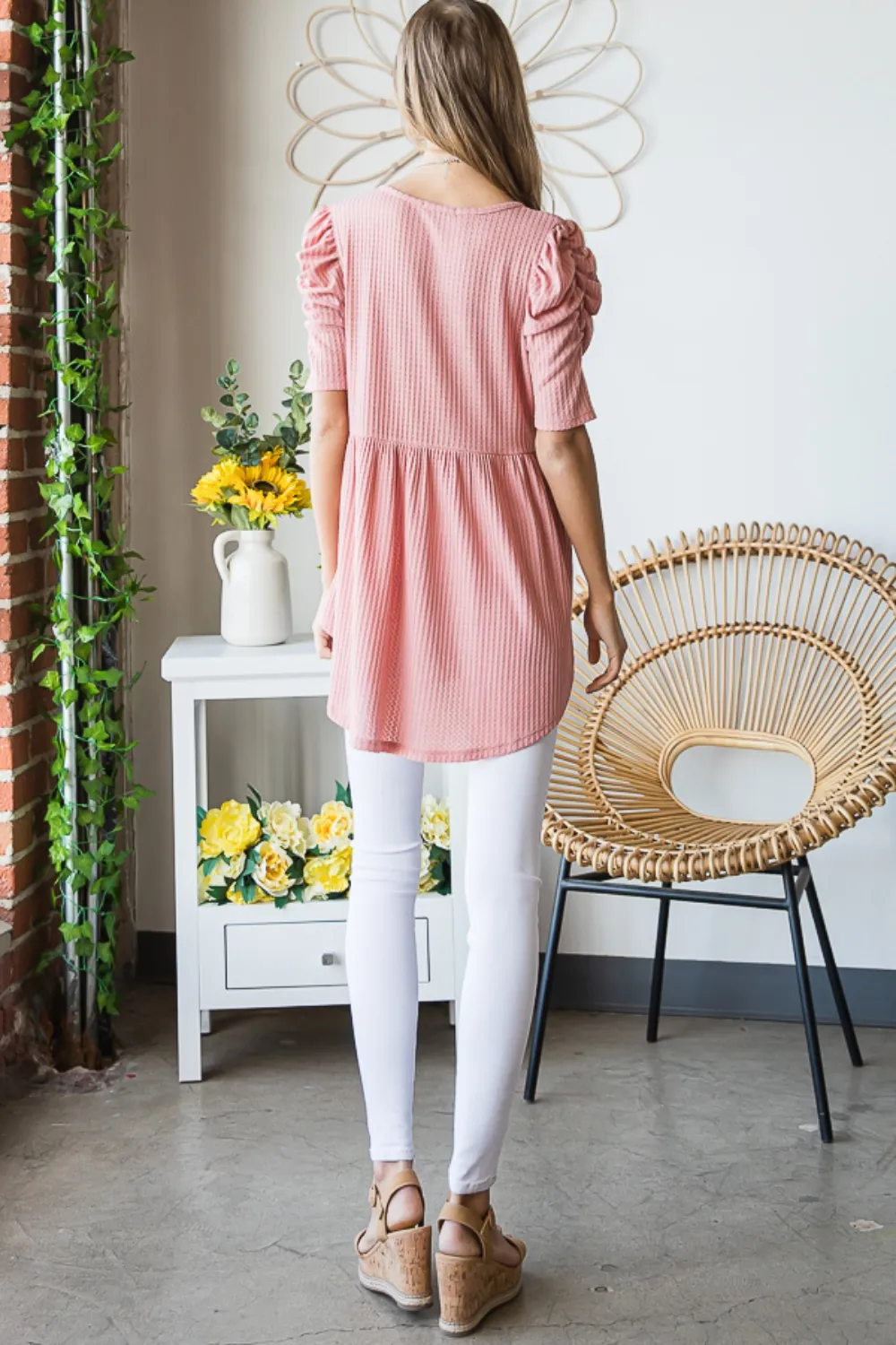 Full Size Waffle Knit V-Neck Babydoll Top, image 2
