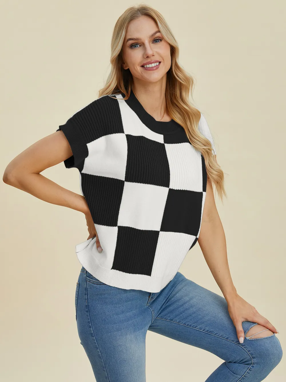 Full Size Checkered Round Neck Short Sleeve Sweater, image 2
