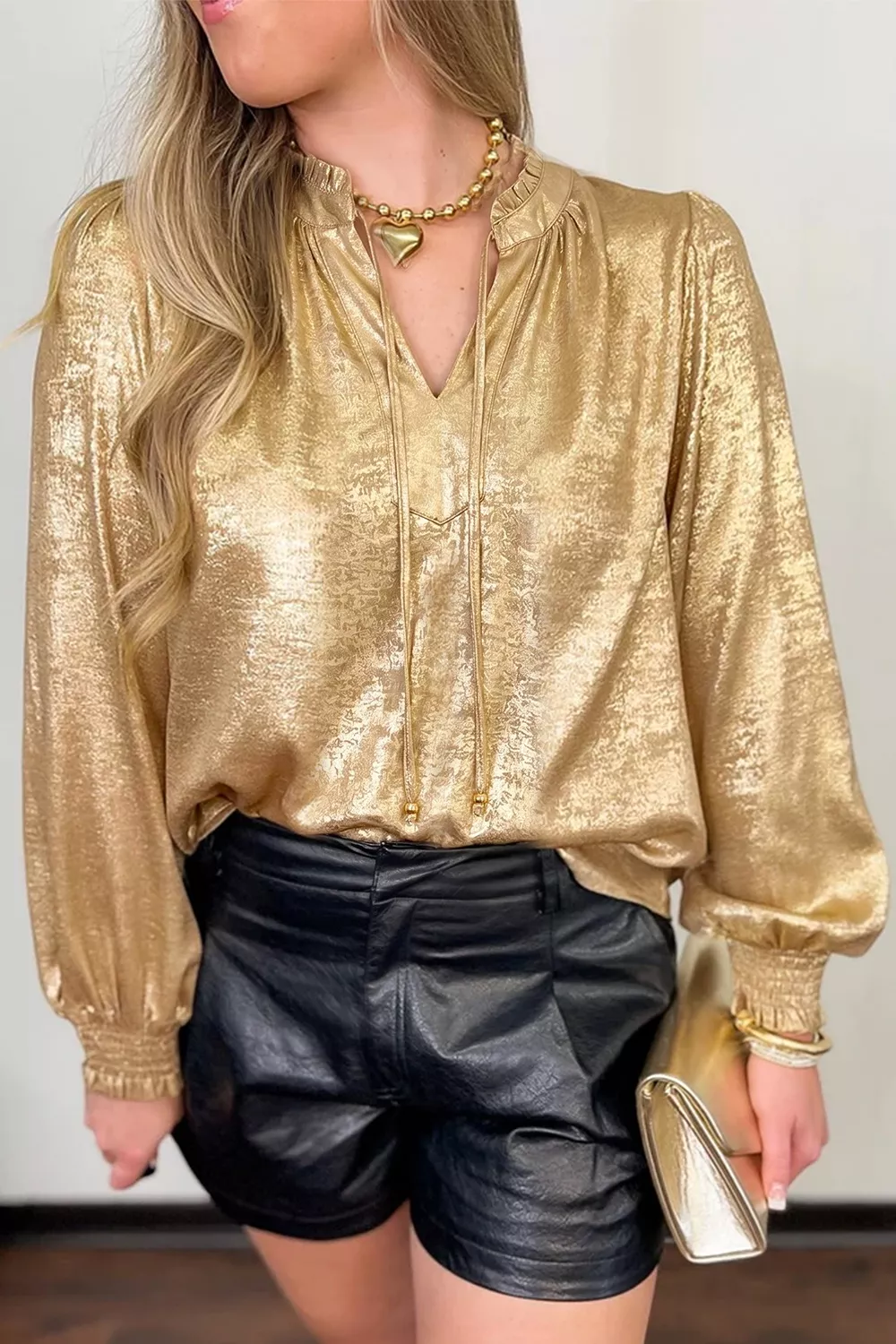 Metallic Sheen V Neck Gathered Cuff Long Sleeve Blouse, image 5