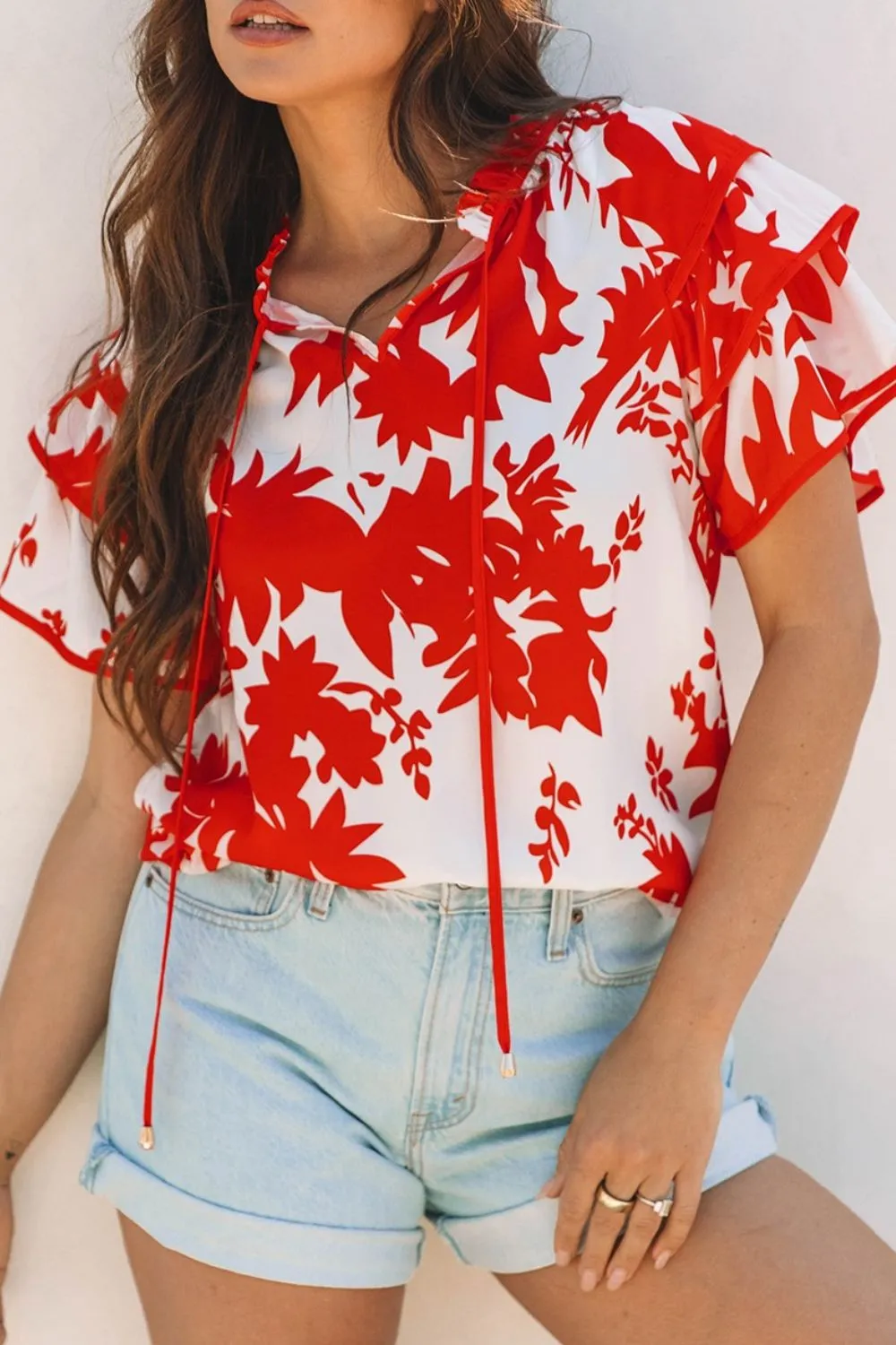 Plant Print Tiered Ruffled Sleeve Tie Neck Blouse, image 2