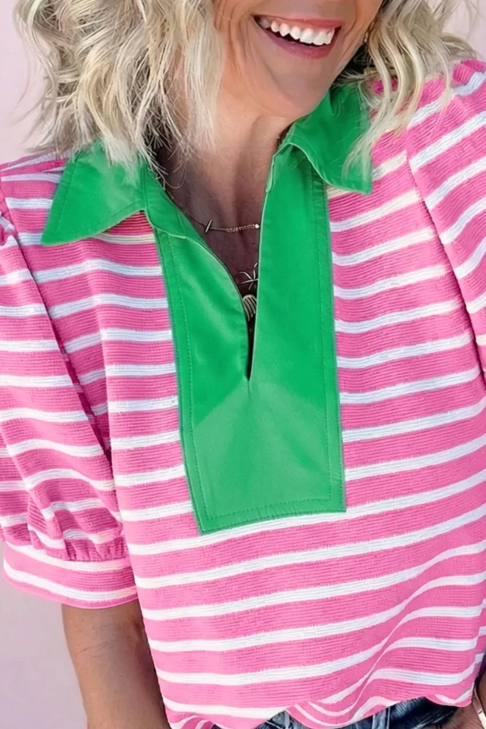 Stripe Short Puff Sleeve Color Block Polo Collar Blouse, image 3