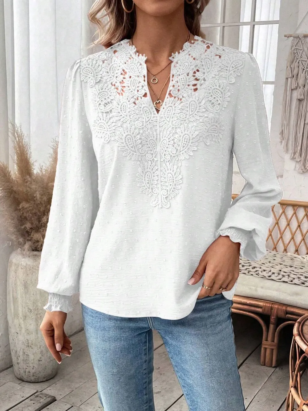 Swiss Dot Lace Detail Notched Long Sleeve Blouse, image 2