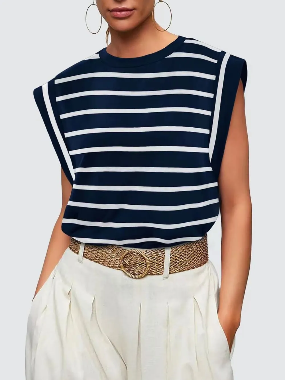 Striped Round Neck Cap Sleeve T-Shirt, image 2