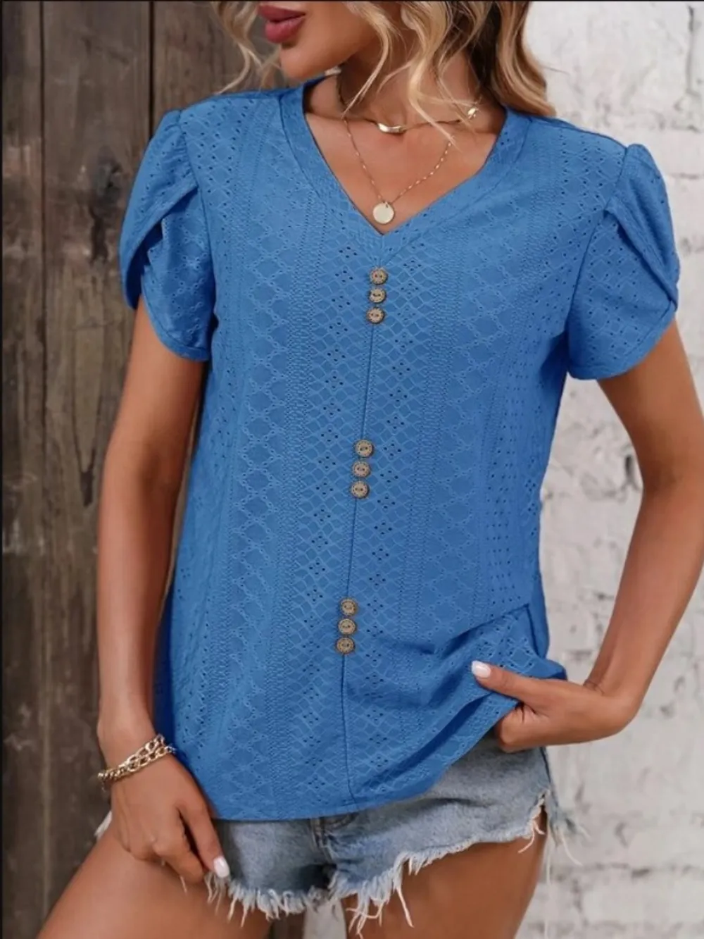 Eyelet V-Neck Petal Sleeve T-Shirt, image 2