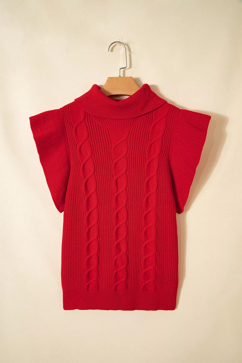 Cable Knit Turtleneck Ruffled Short Sleeve Sweater, image 8