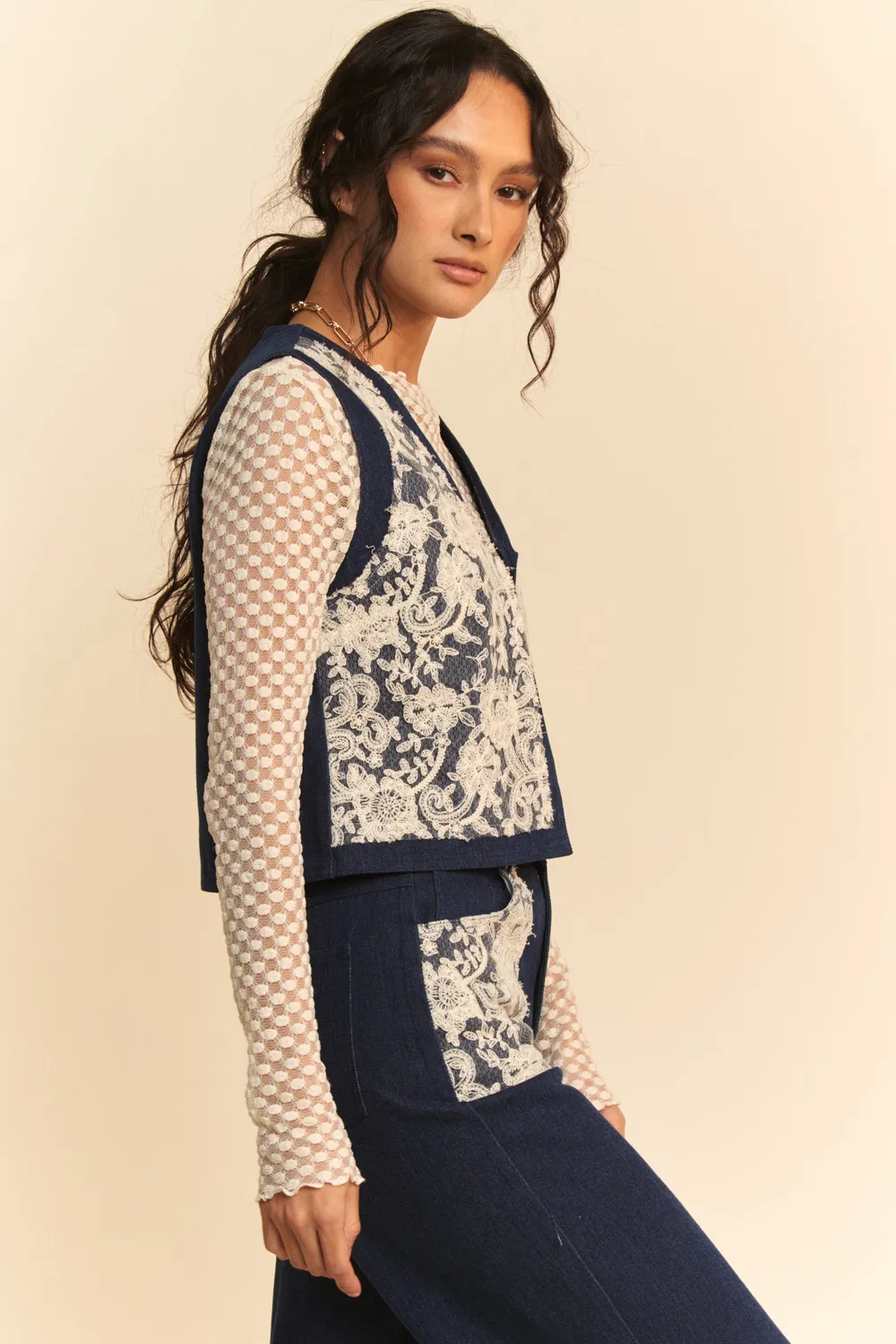Lace Patch Open Front Denim Vest, image 2