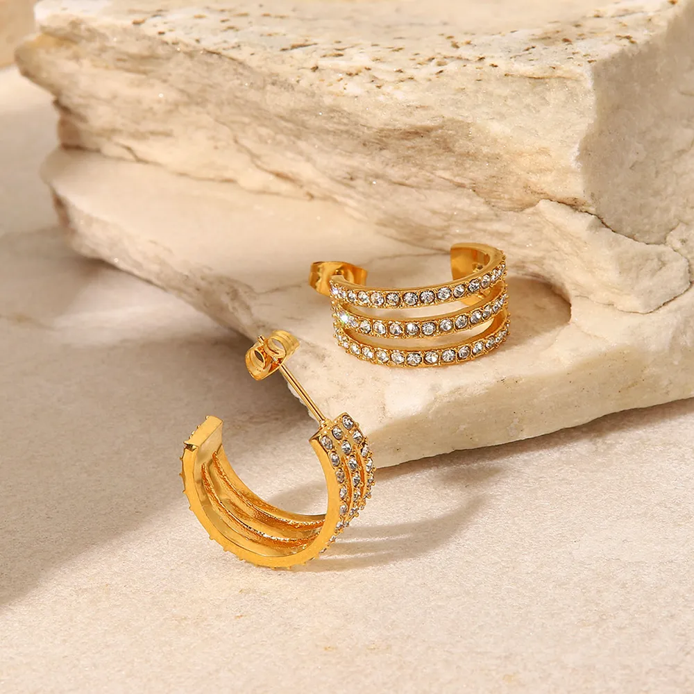 Stainless Steel Inlaid Zircon C-Hoop Earrings, image 2