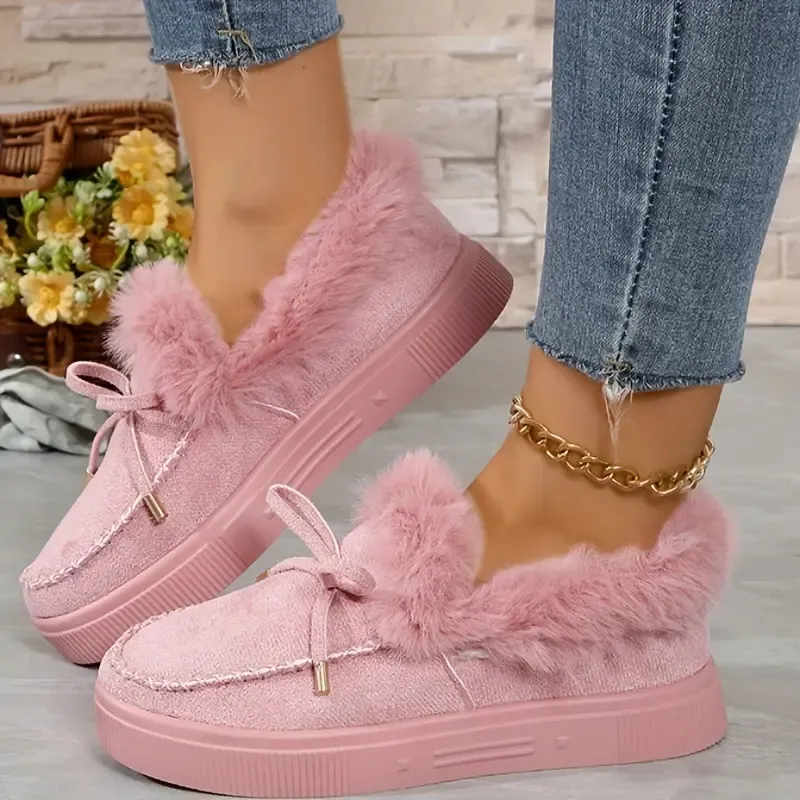 Bow Furry Round Toe Flat Slip-Ons, image 2