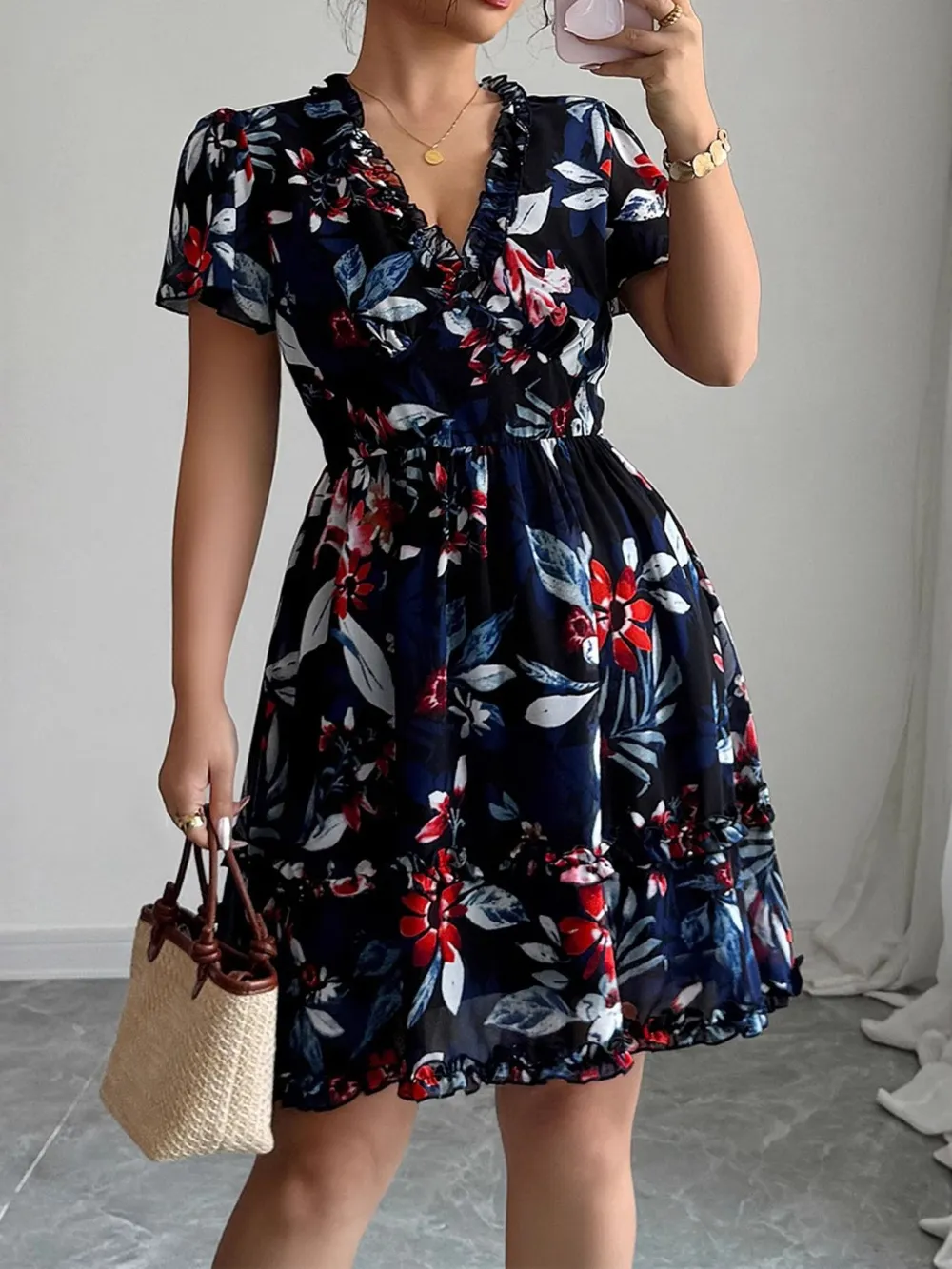 Floral Wrap Dress with Flutter Sleeves, image 2