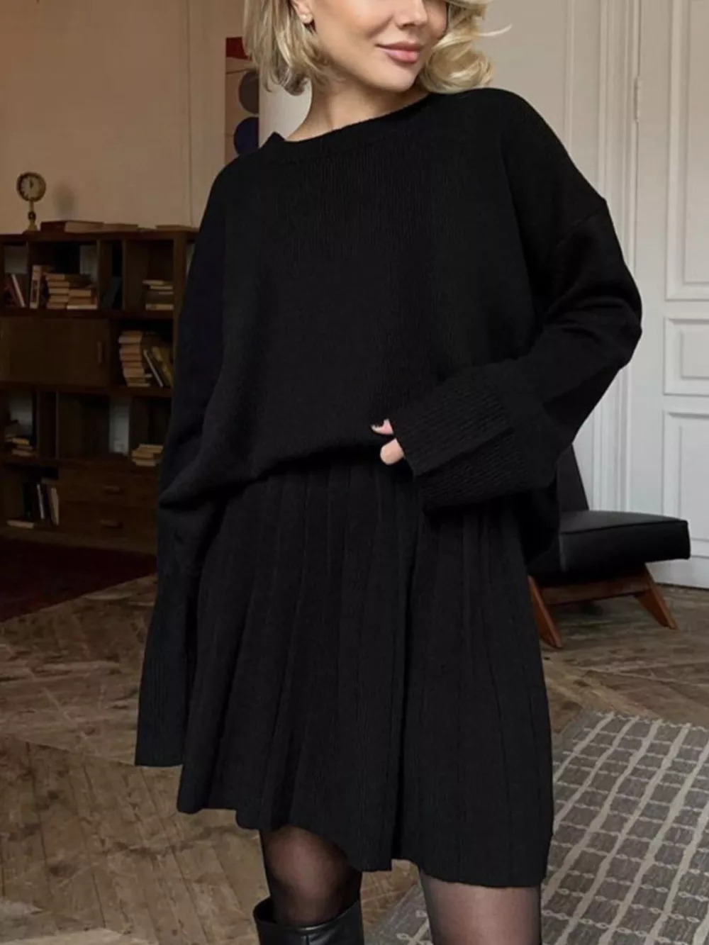 Round Neck Top and Pleated Skirt Sweater Set, image 8