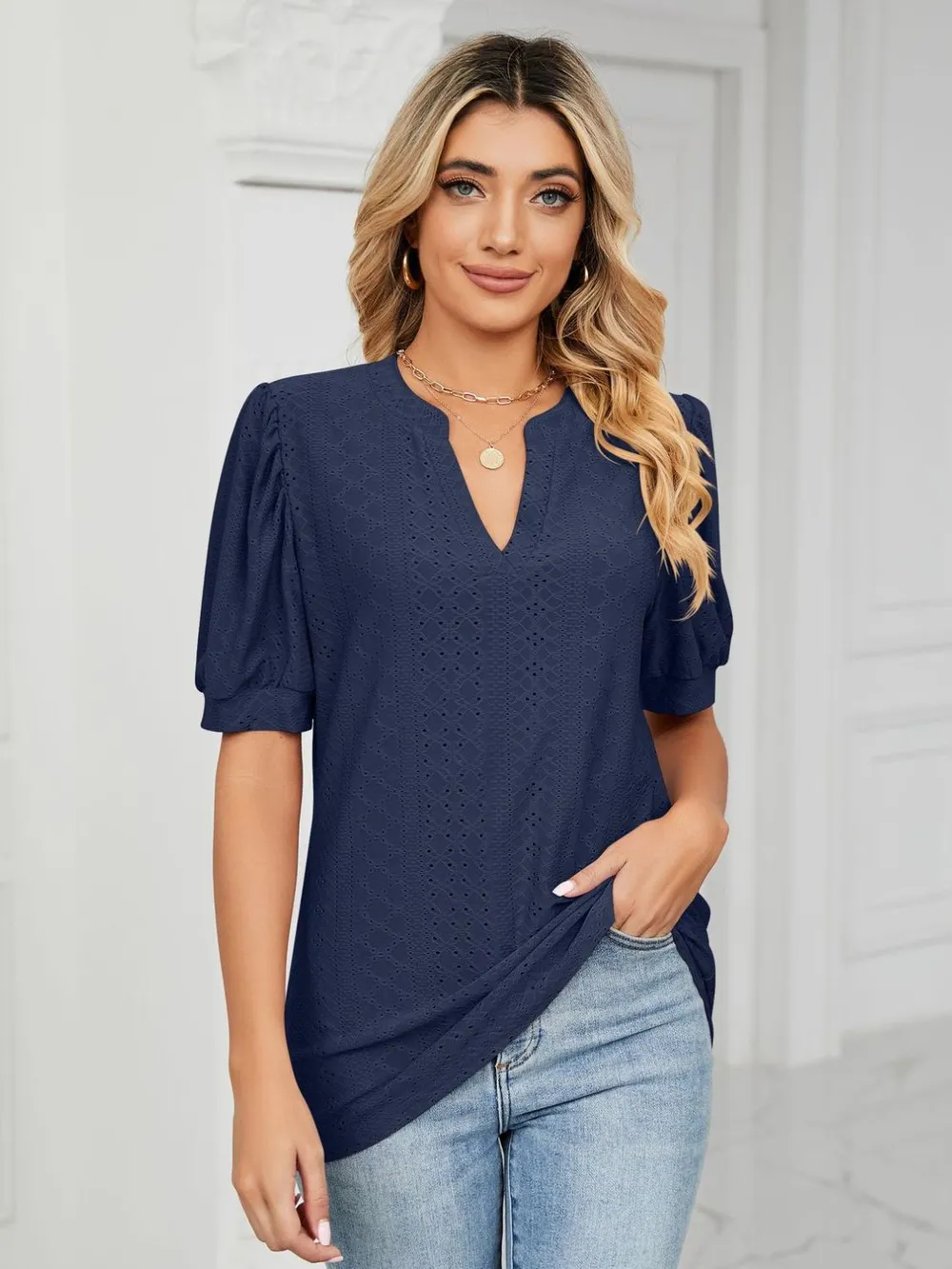 Eyelet Notched Short Sleeve T-Shirt, image 22