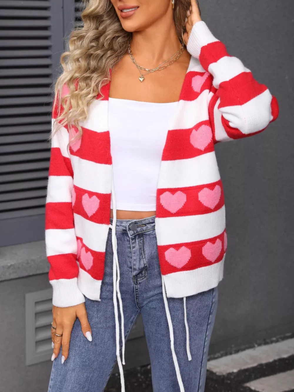 Valentine's Day Heart Pattern Striped Tie Front Cardigan, image 4
