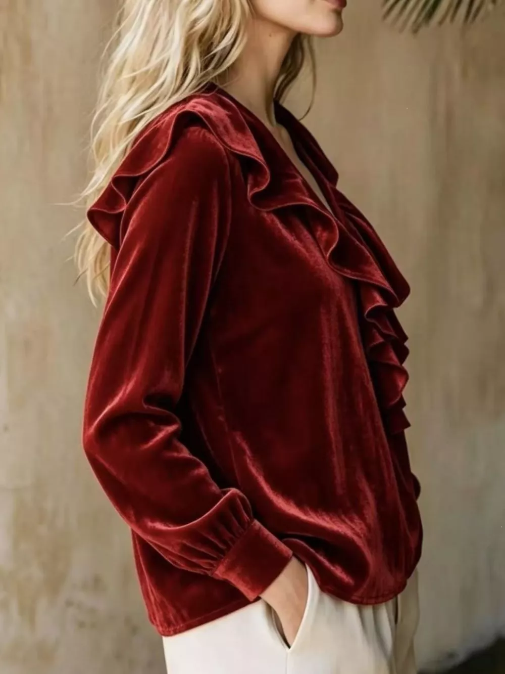 Full Size Velvet Ruffle V-Neck Blouse Plus Size, image 15