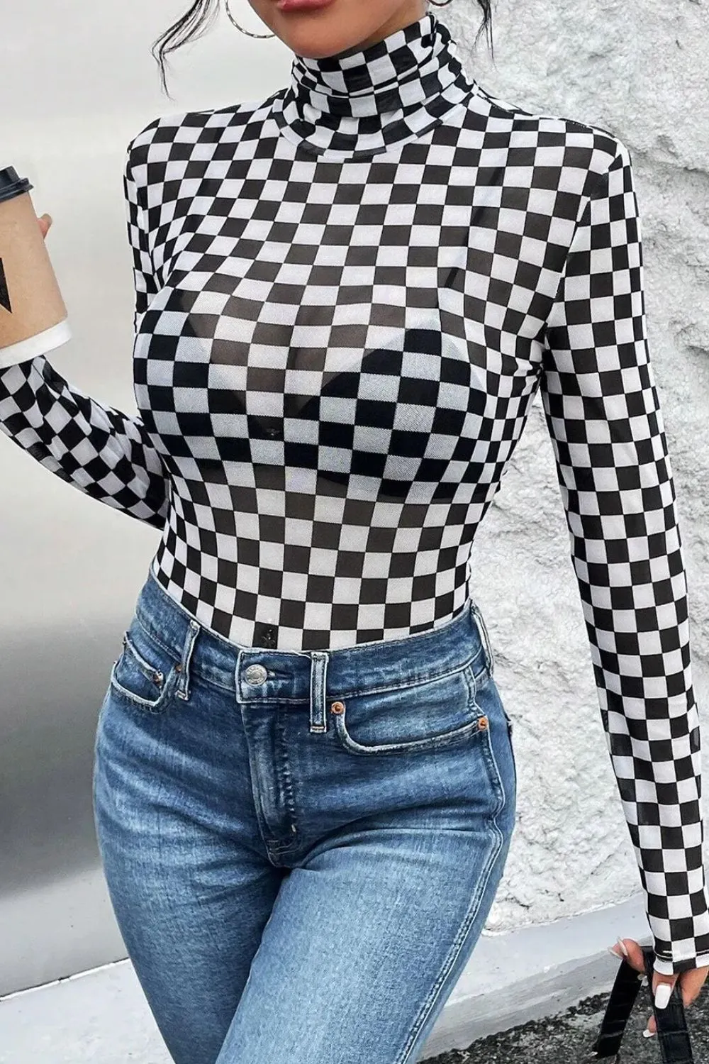 Checkered Turtleneck Long Sleeve Bodysuit, image 2