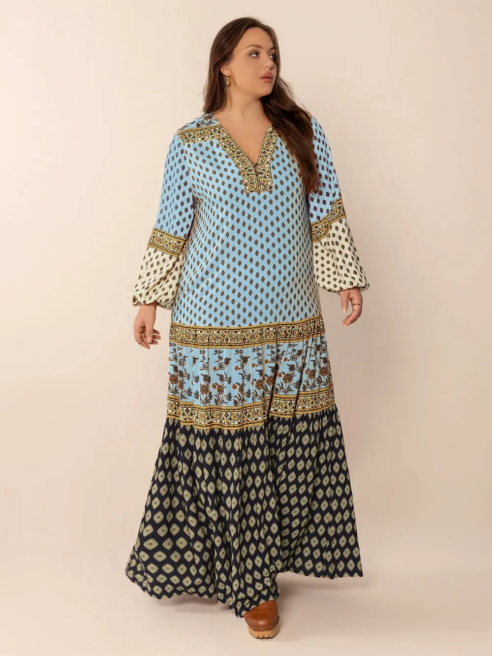 Plus Size Printed V-Neck Balloon Sleeve Maxi Dress