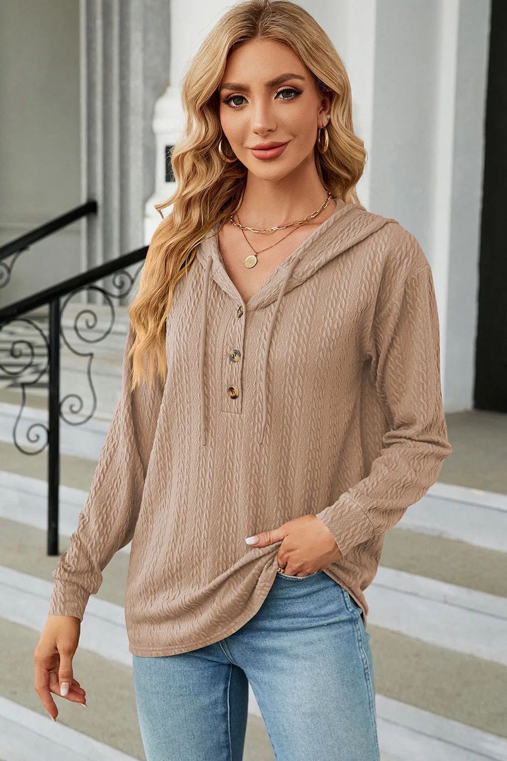 Drawstring Half Button Long Sleeve Hoodie, image 2