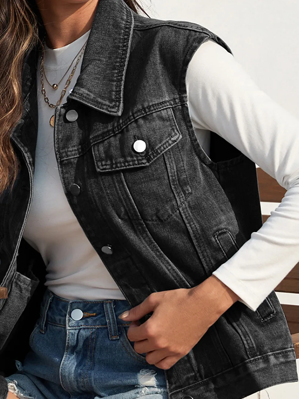 Collared Neck Sleeveless Denim Jacket, image 2