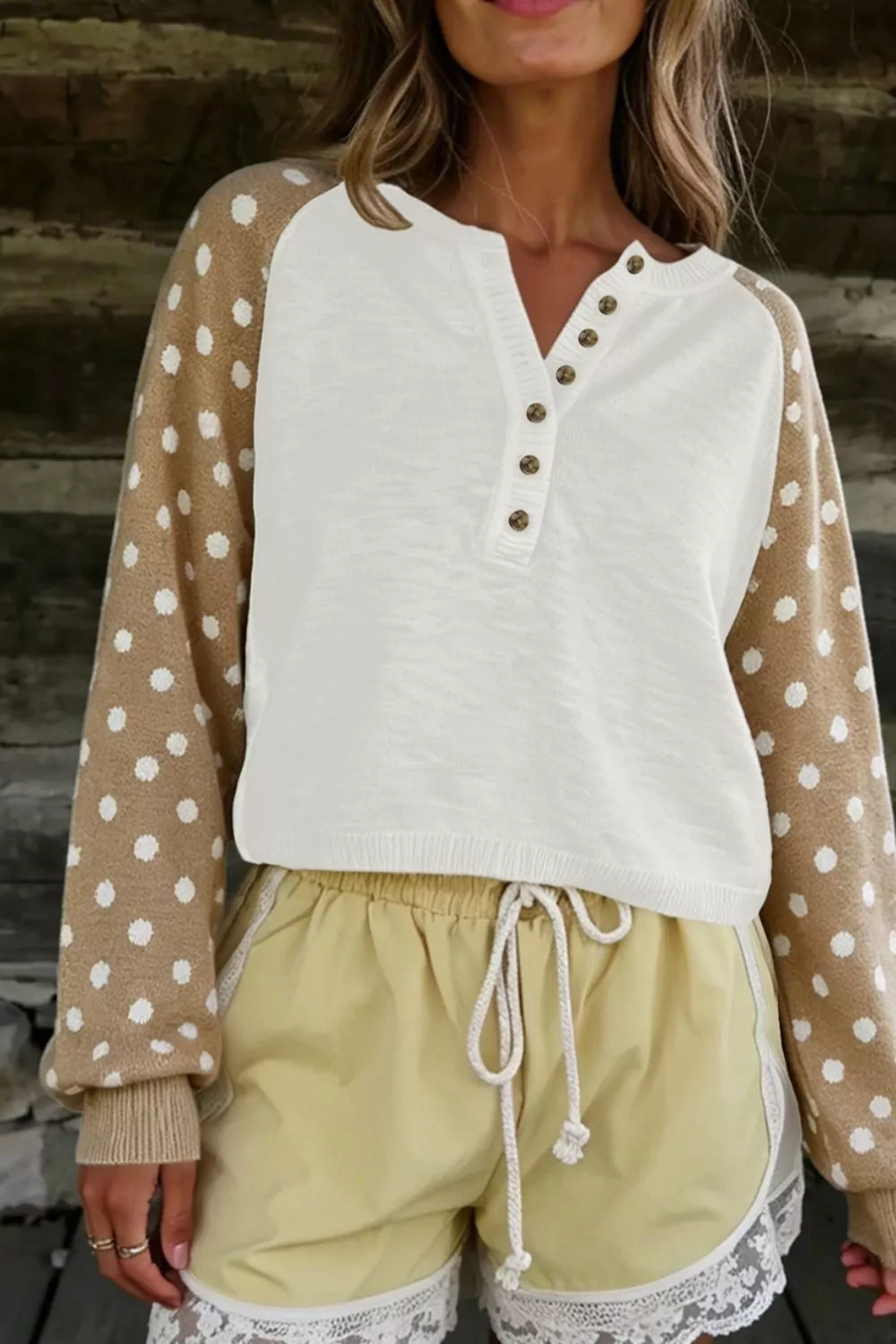 Polka Dot Contrast Long Sleeve Button V Neck Sweater, image 4