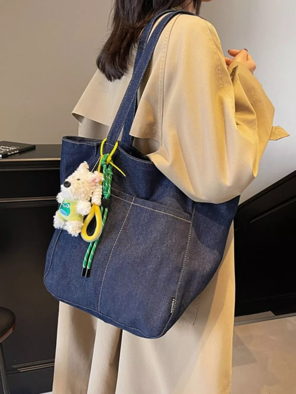 Denim Shoulder Bag with Cute Charm, image 5
