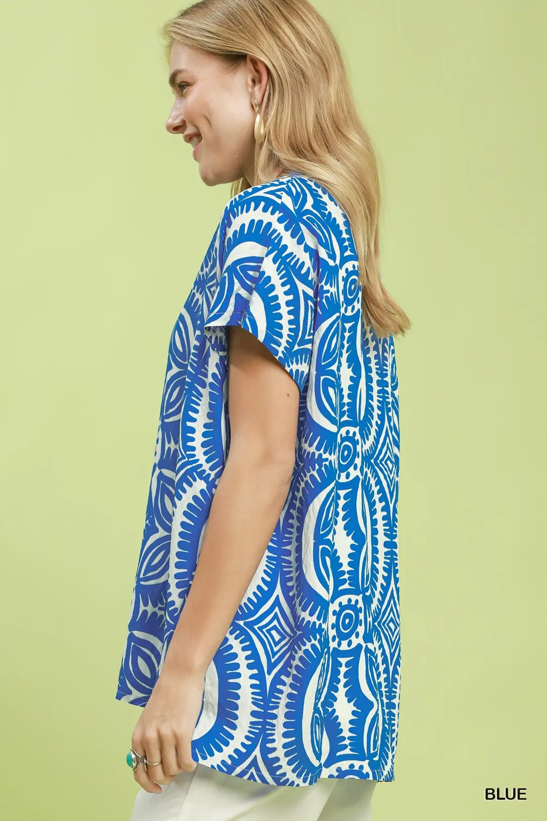 Geometric Print V-Neck Short Sleeve Top, image 2