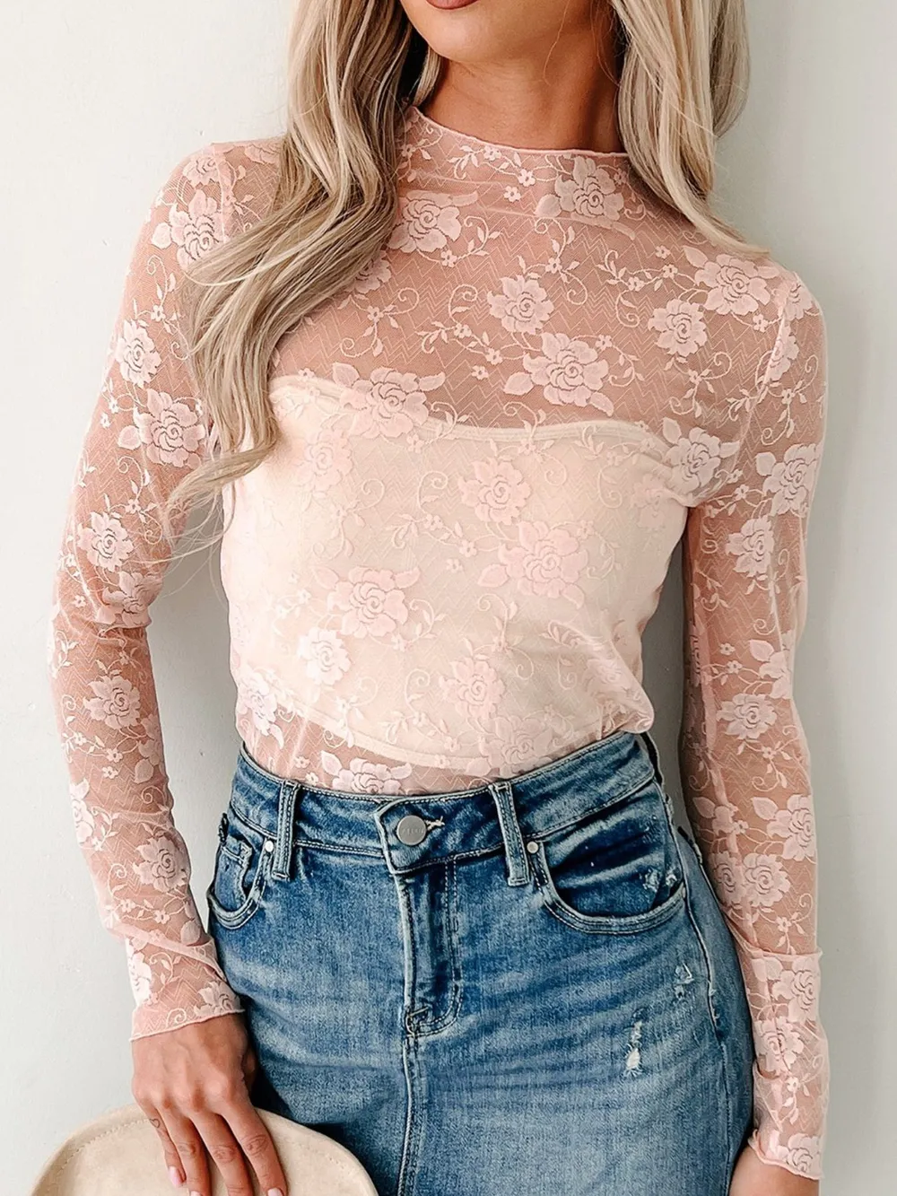 Lace Mock Neck Long Sleeve Blouse, image 2