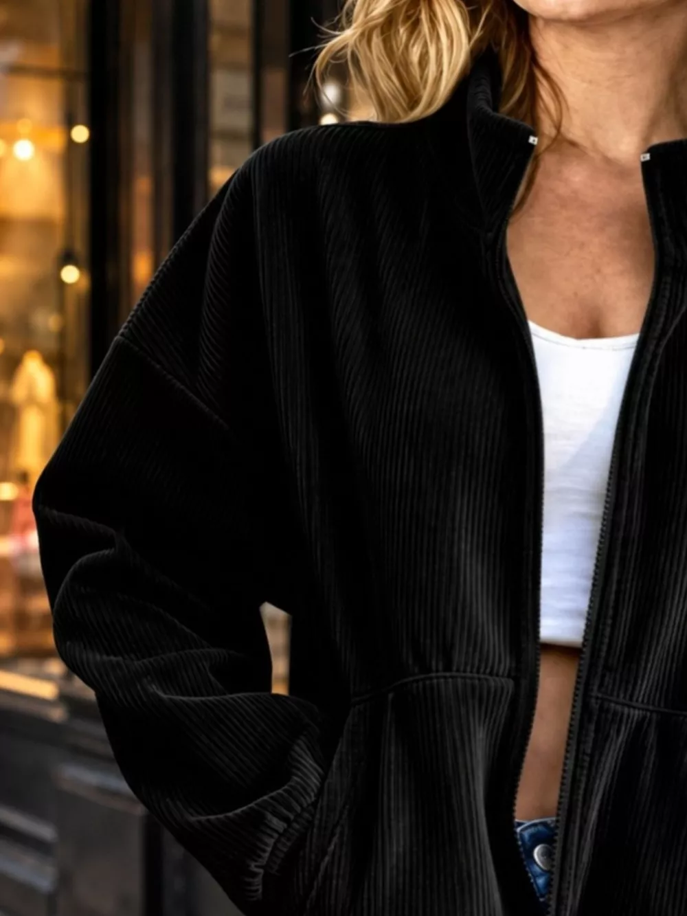 Zip Up Dropped Shoulder Corduroy Jacket, image 8