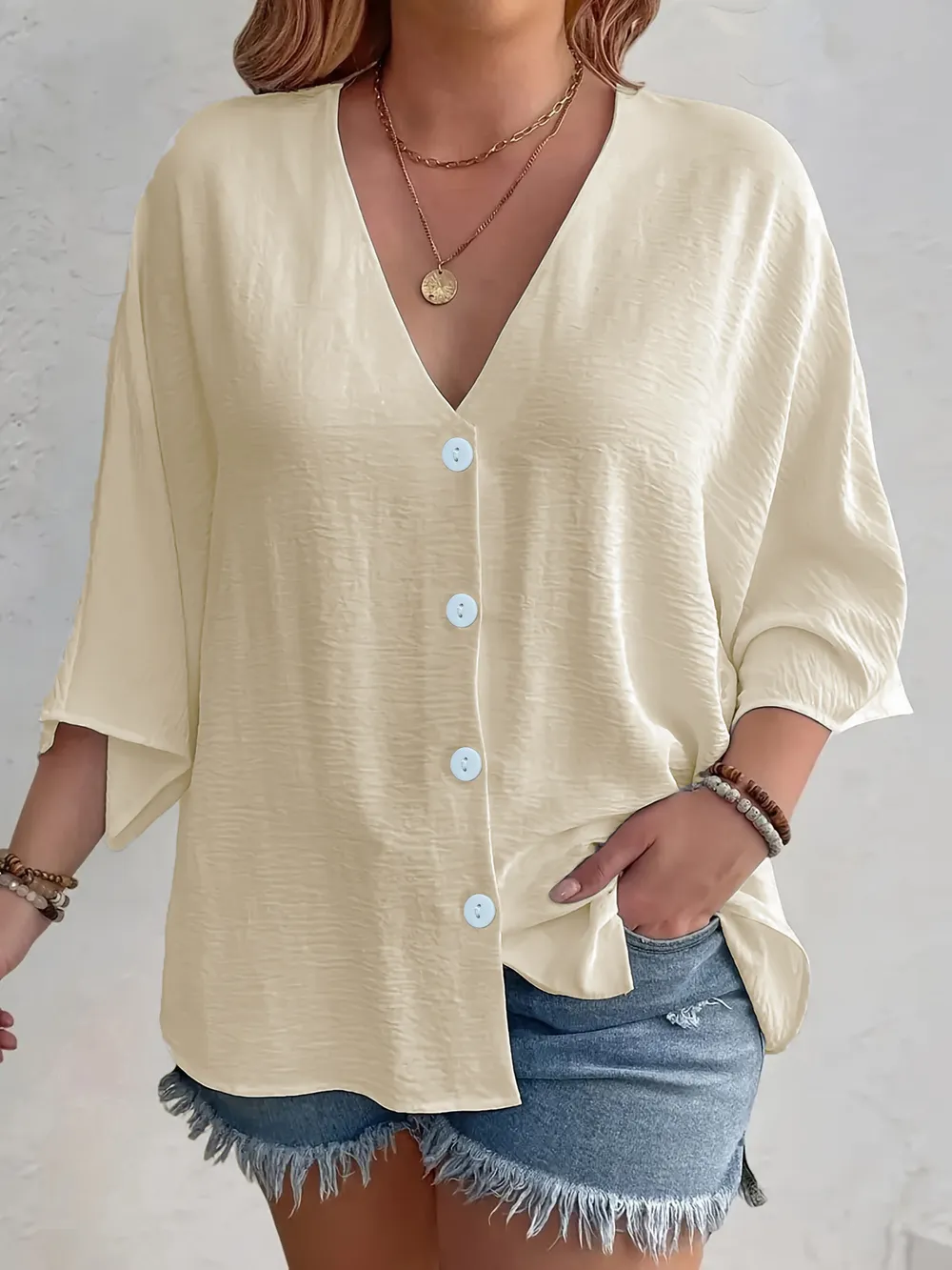 Full Size Casual V-Neck Button Down Relaxed Fit Blouse Plus Size, image 8