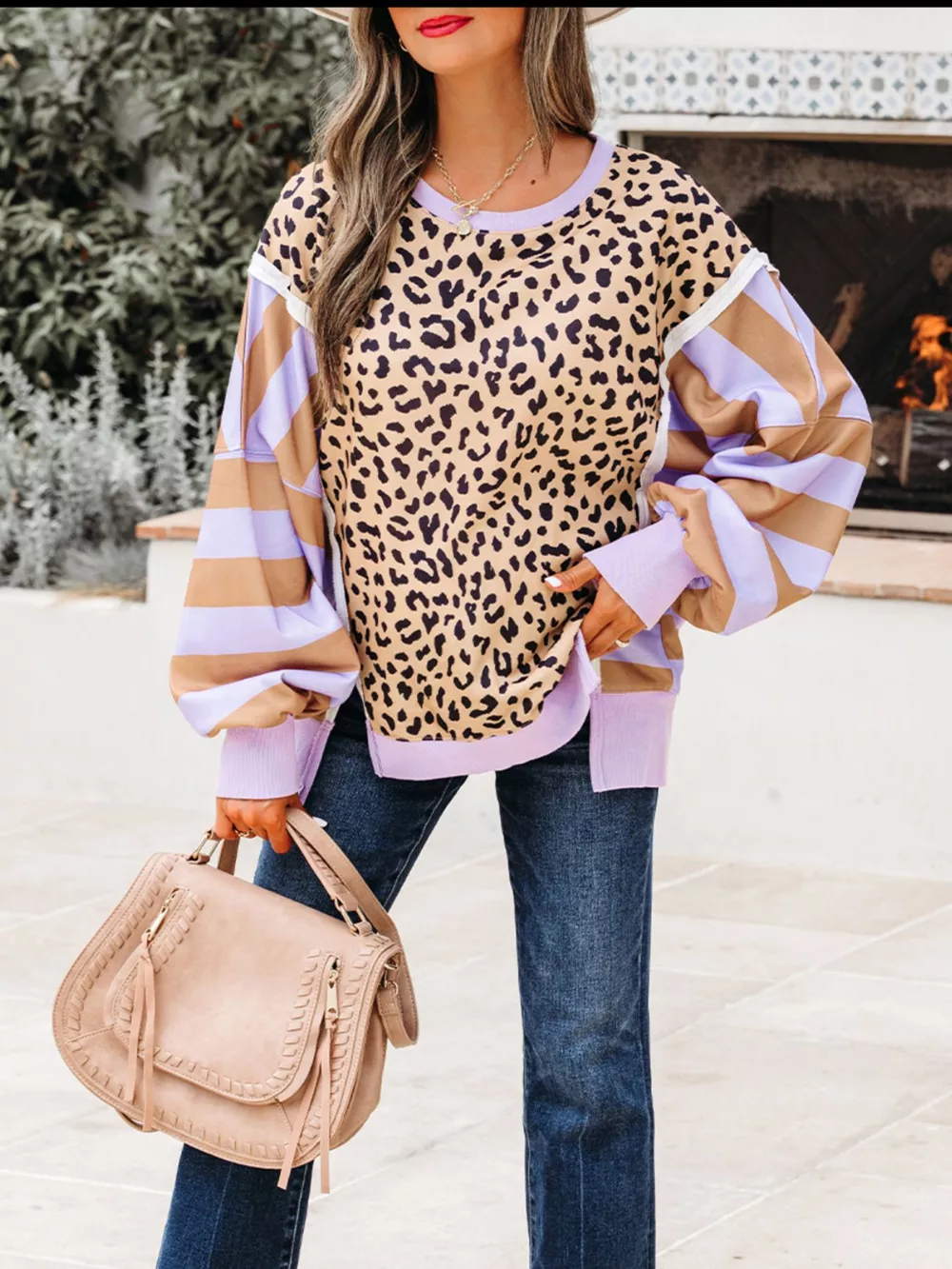 Stripe Color Block Patchwork Leopard Casual Sweatshirt with Slits, image 2