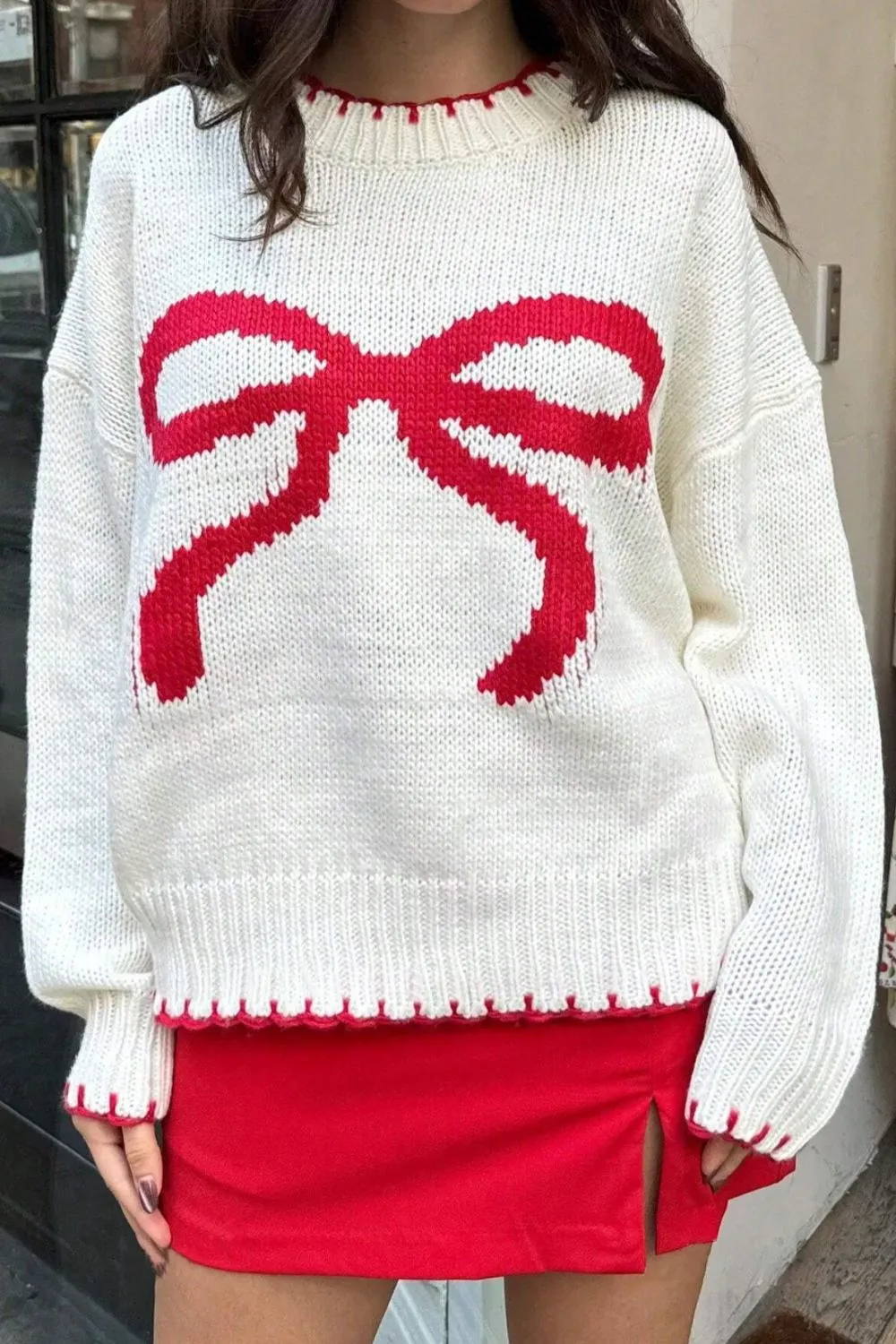 Bow Graphic Round Neck Long Sleeve Sweater, image 5
