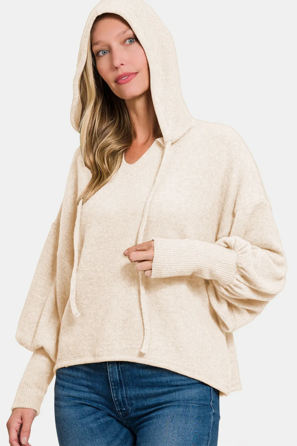Brushed Hacci Drop Shoulder Cropped Hoodie, image 3