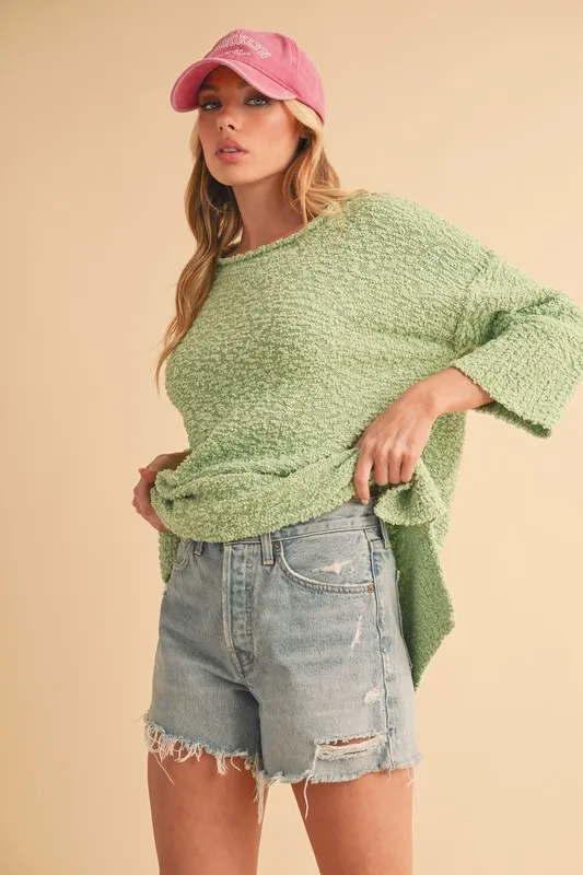 Side Slit Ribbed Hem Round Neck Sweater, image 4