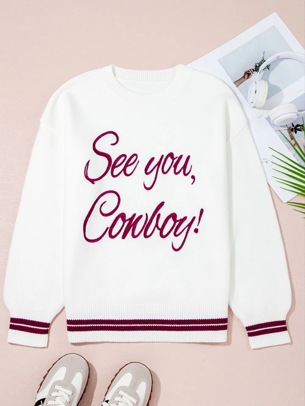 Letter Contrast Hem Round Neck Sweater, image 2