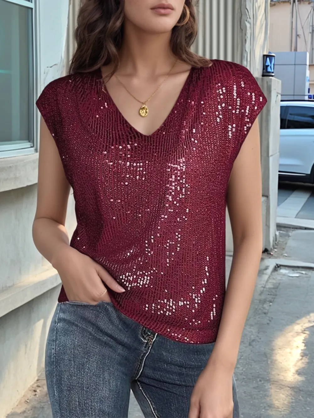 V-Neck Sequin Cap Sleeve Top, image 2