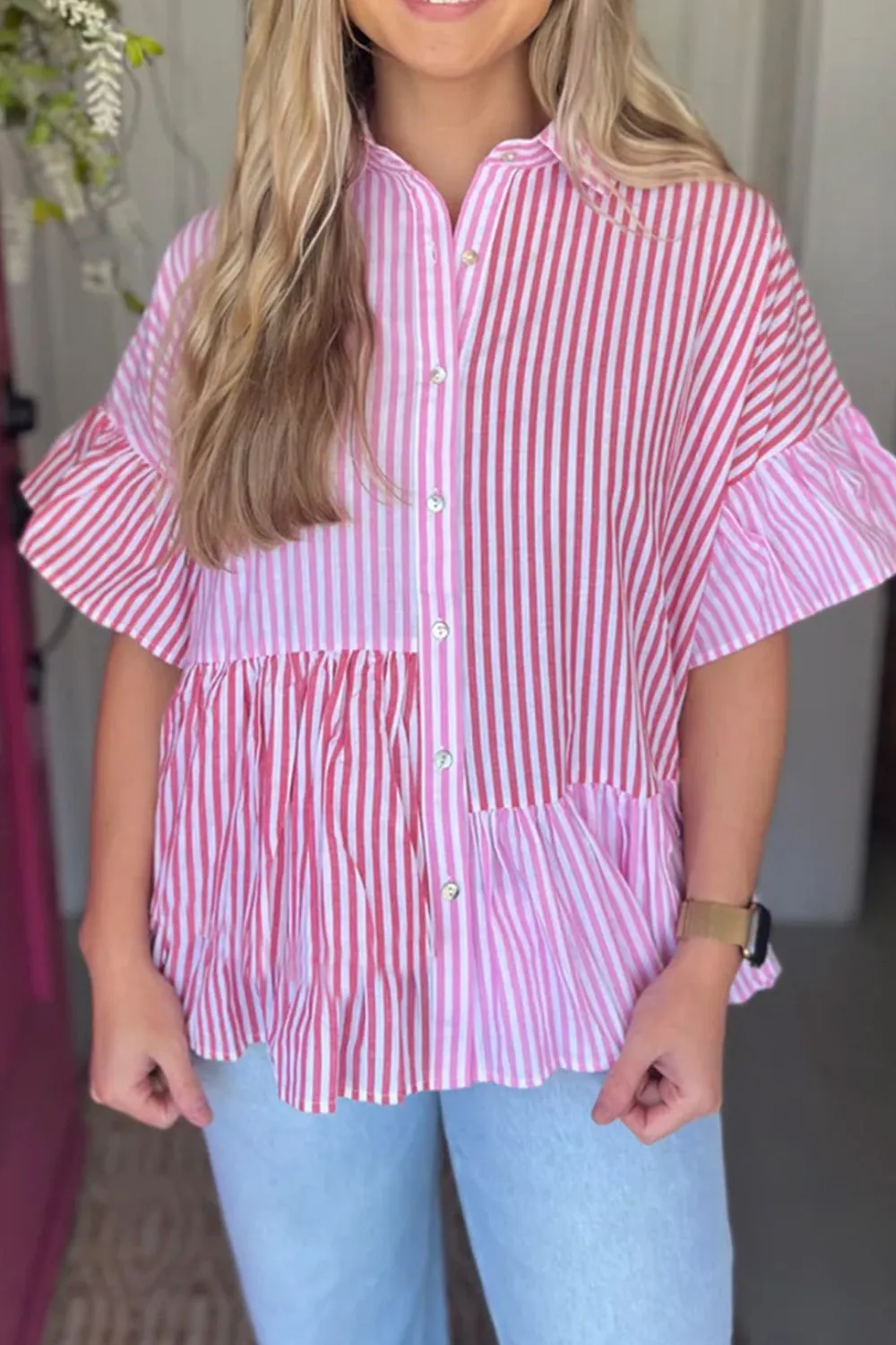 Button Down Striped Ruffled Hem Shirt