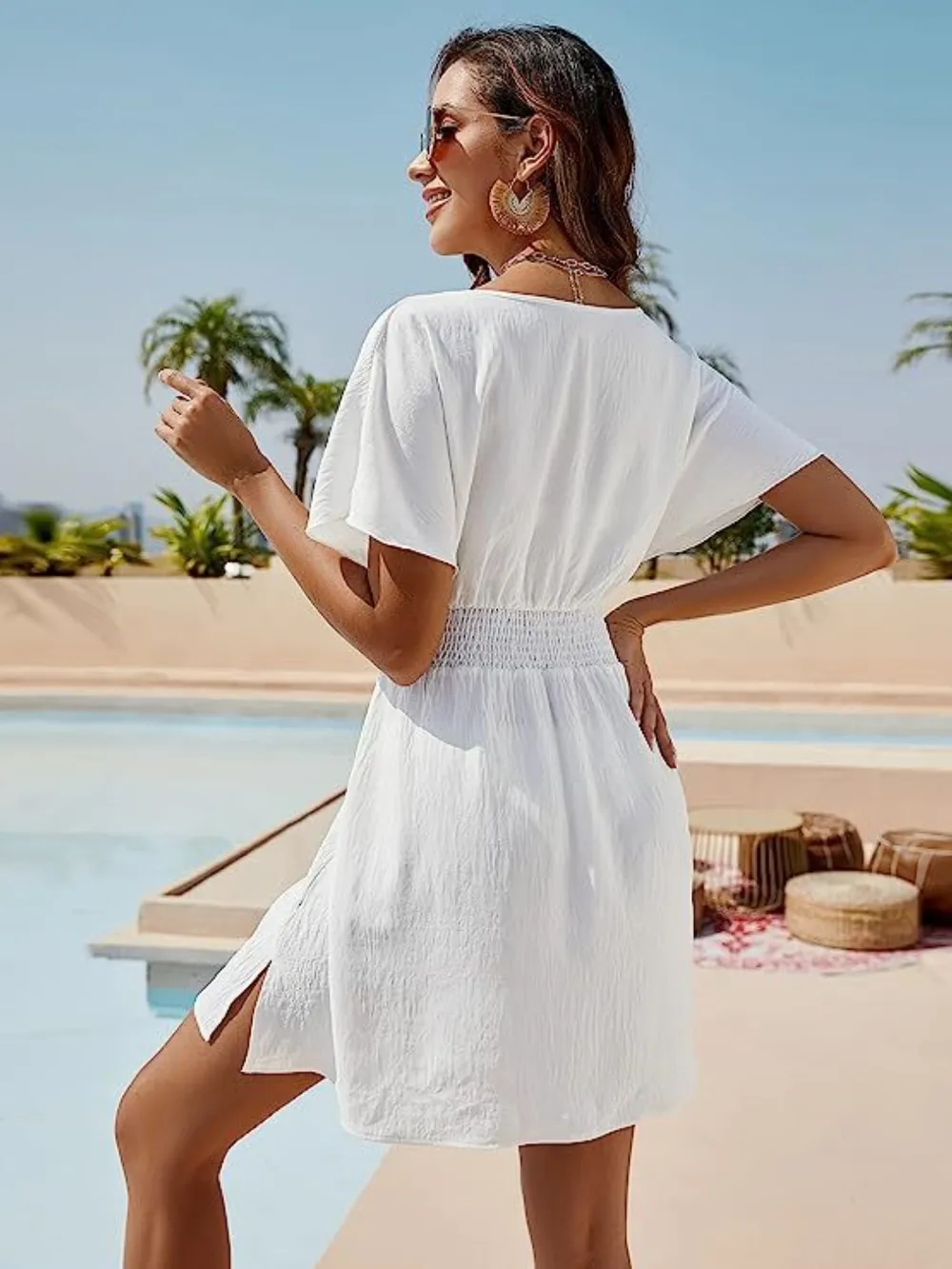 Smocked V-Neck Short Sleeve Dress, image 2