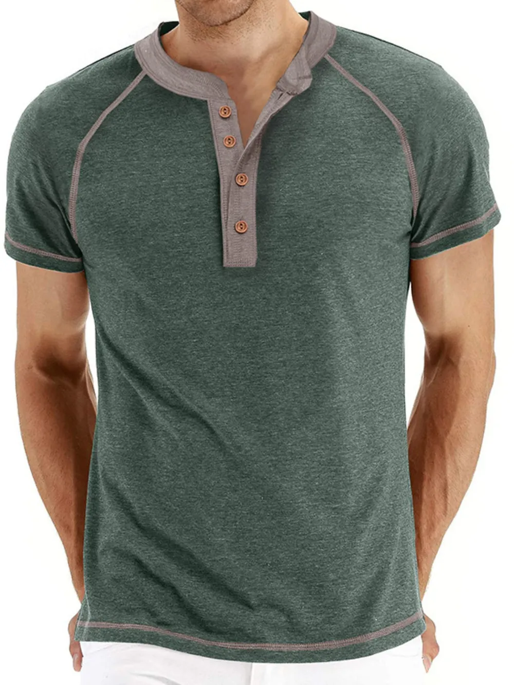 Men's Casual Henley Polo T-Shirt with Contrast Stitching, image 2