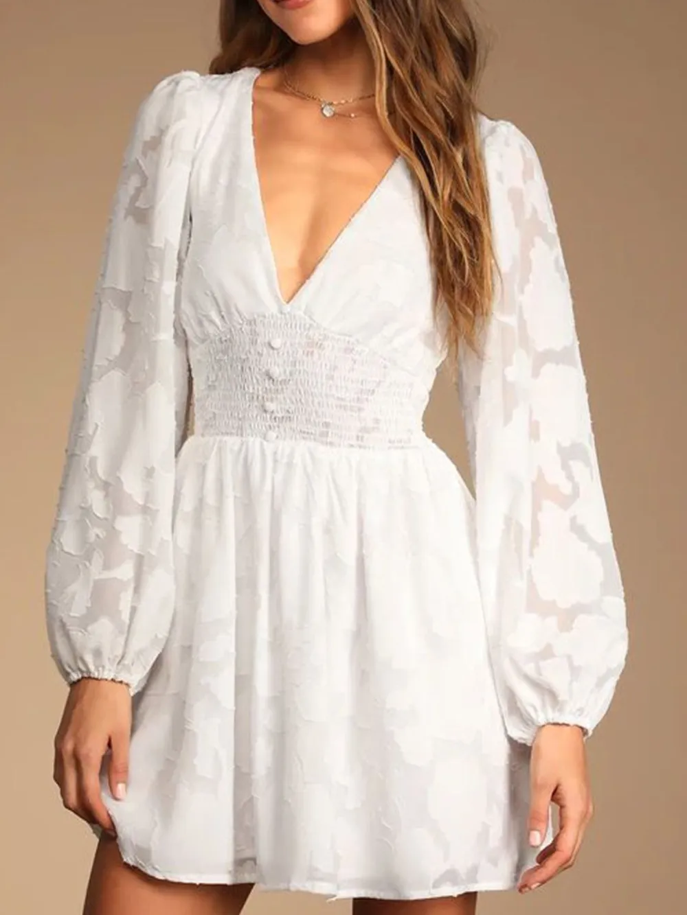 Smocked V-Neck Balloon Sleeve Dress, image 5