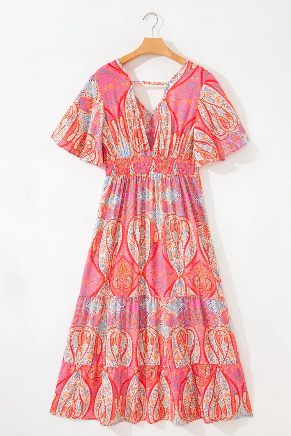 Paisley Print V-Neck Short Sleeve Boho Dress with Ruffle Details, image 6