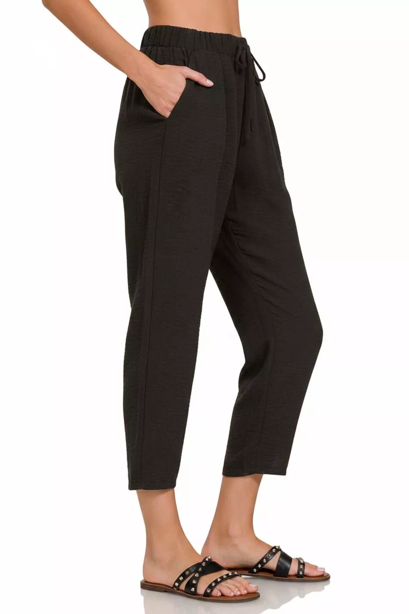 Woven Crepe Elastic Band Waist Pants, image 3