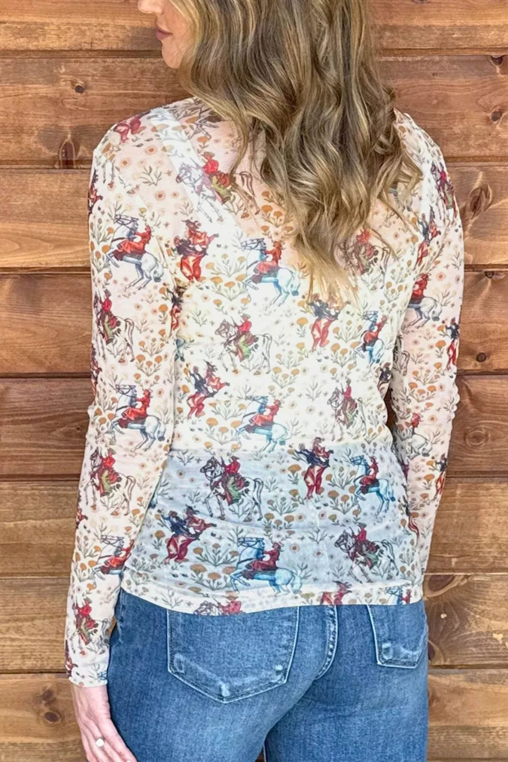 Cowboy Print Mesh Long Sleeve Top, image 3