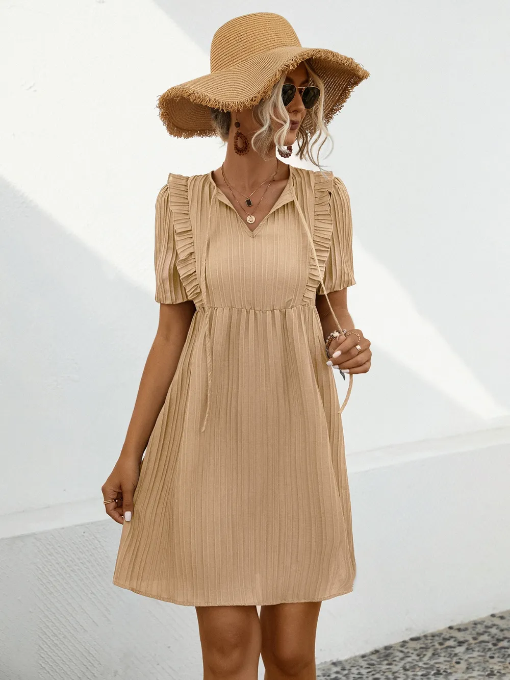 Tie Neck Short Sleeve Mini Dress, image 2