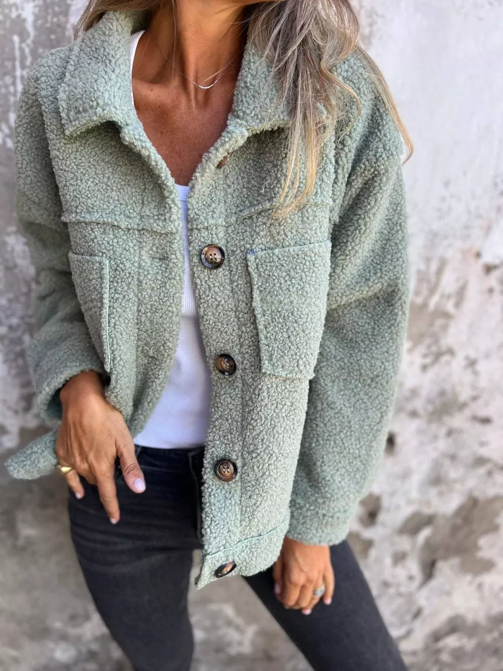 Full Size Fuzzy Button Up Drop Shoulder Jacket, image 4