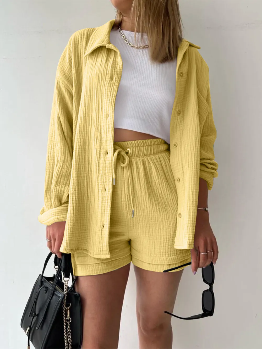 Texture Button Up Shirt and Drawstring Shorts Set, image 2