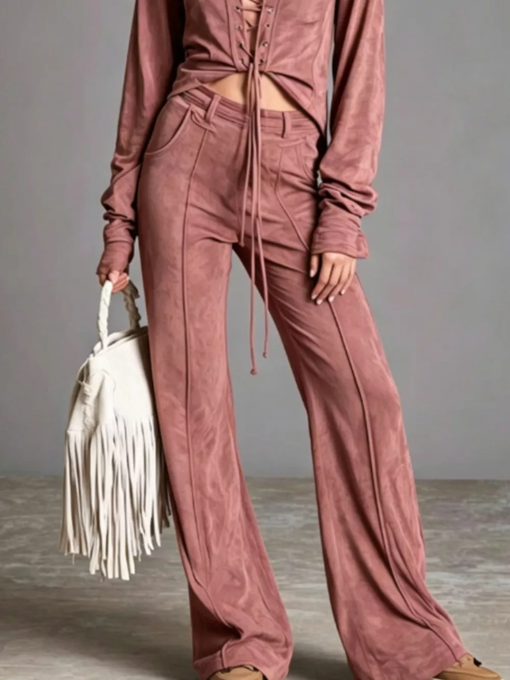 Full Size Lace-Up Long Sleeve Top and Wide-Leg Pants Set Plus Size, image 5