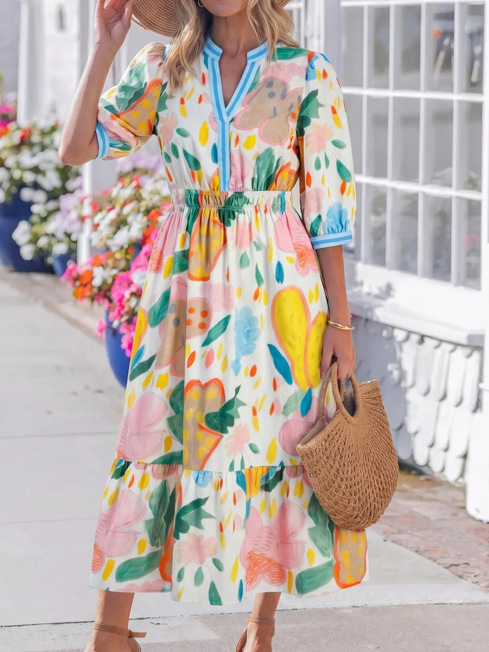 Multicolour Floral Doodle Print Striped Trim V Neck Midi Dress, image 3