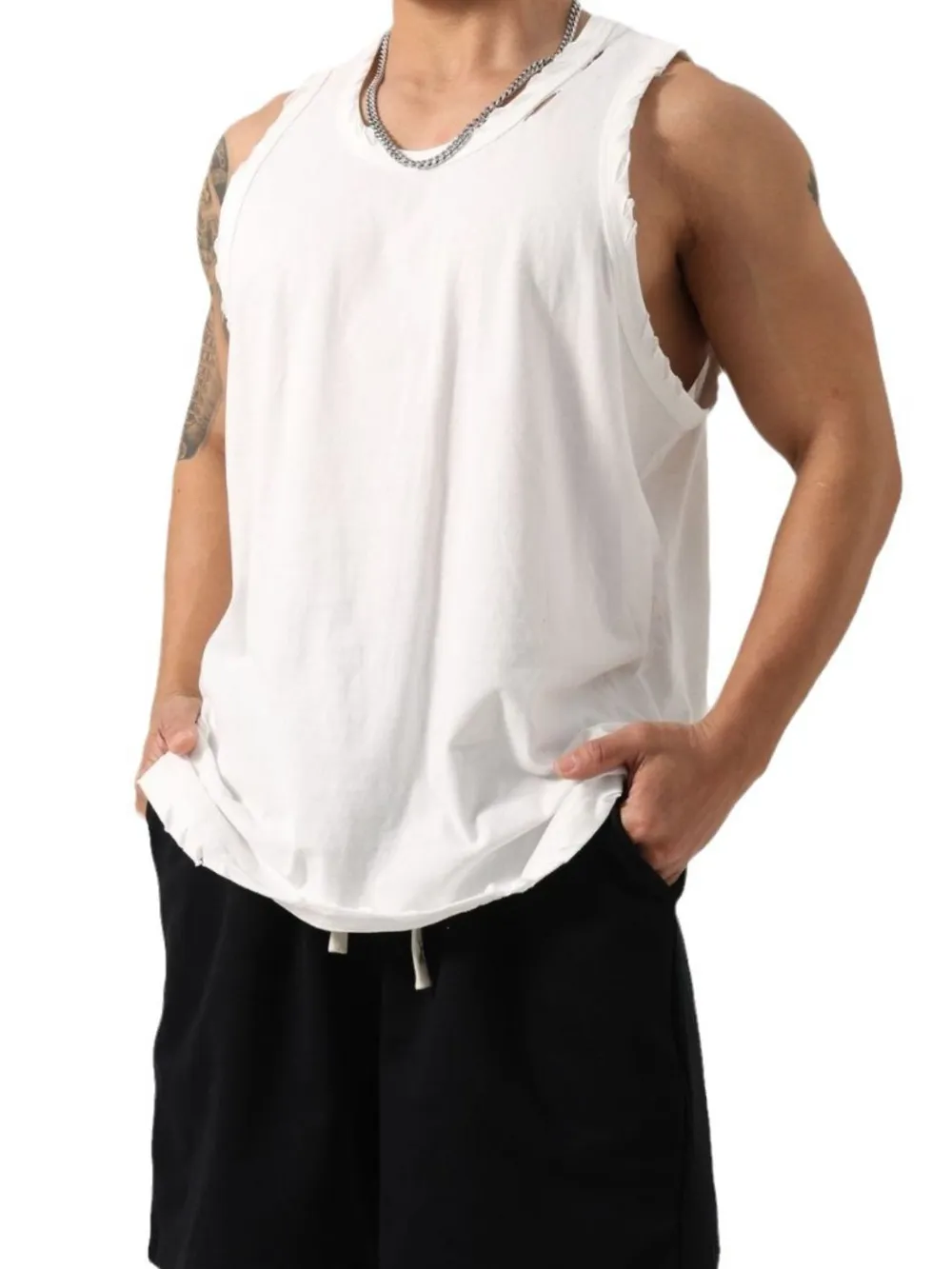 Men's Plus Size Distressed Hem Round Neck Tank, image 6